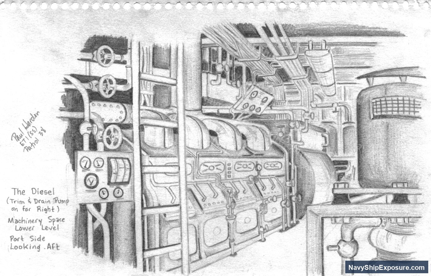 Technical sketch of diesel engine machinery space