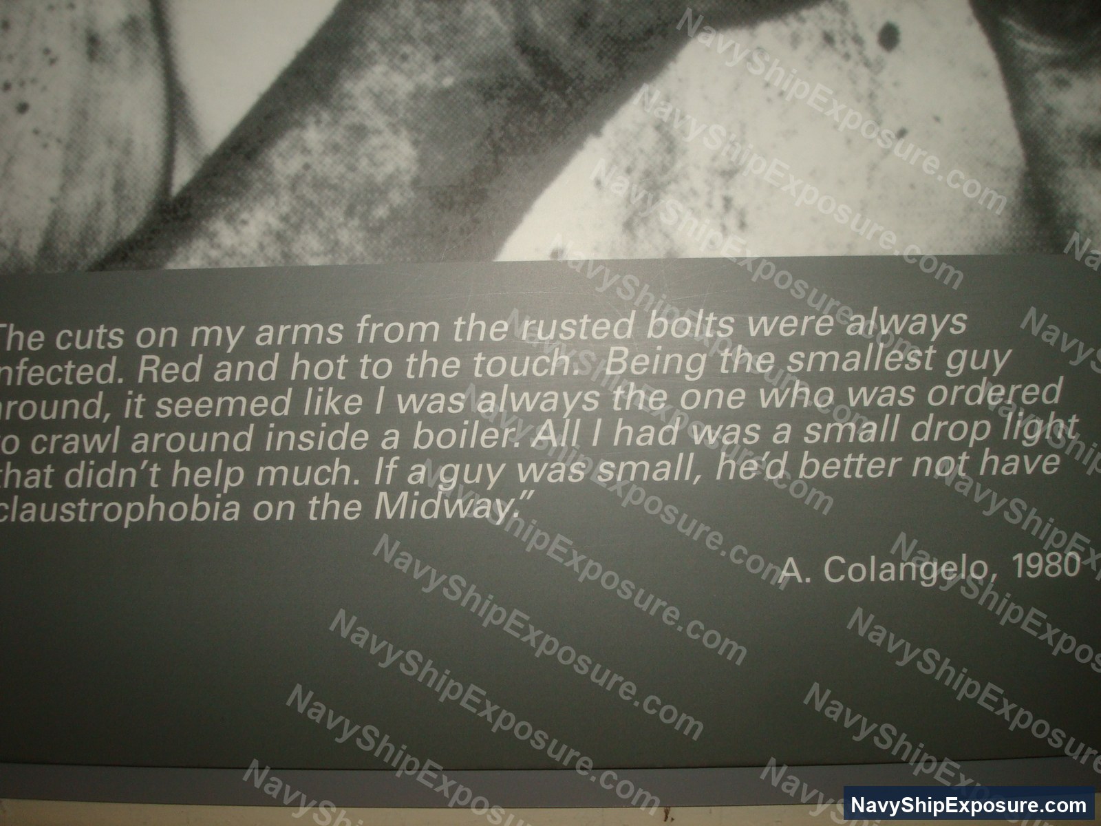 USS Midway — Historical testimony from 1980 by A. Colangelo describing occupational injuries from rusted bolts and confined space hazards while working in the boiler room of USS Midway.