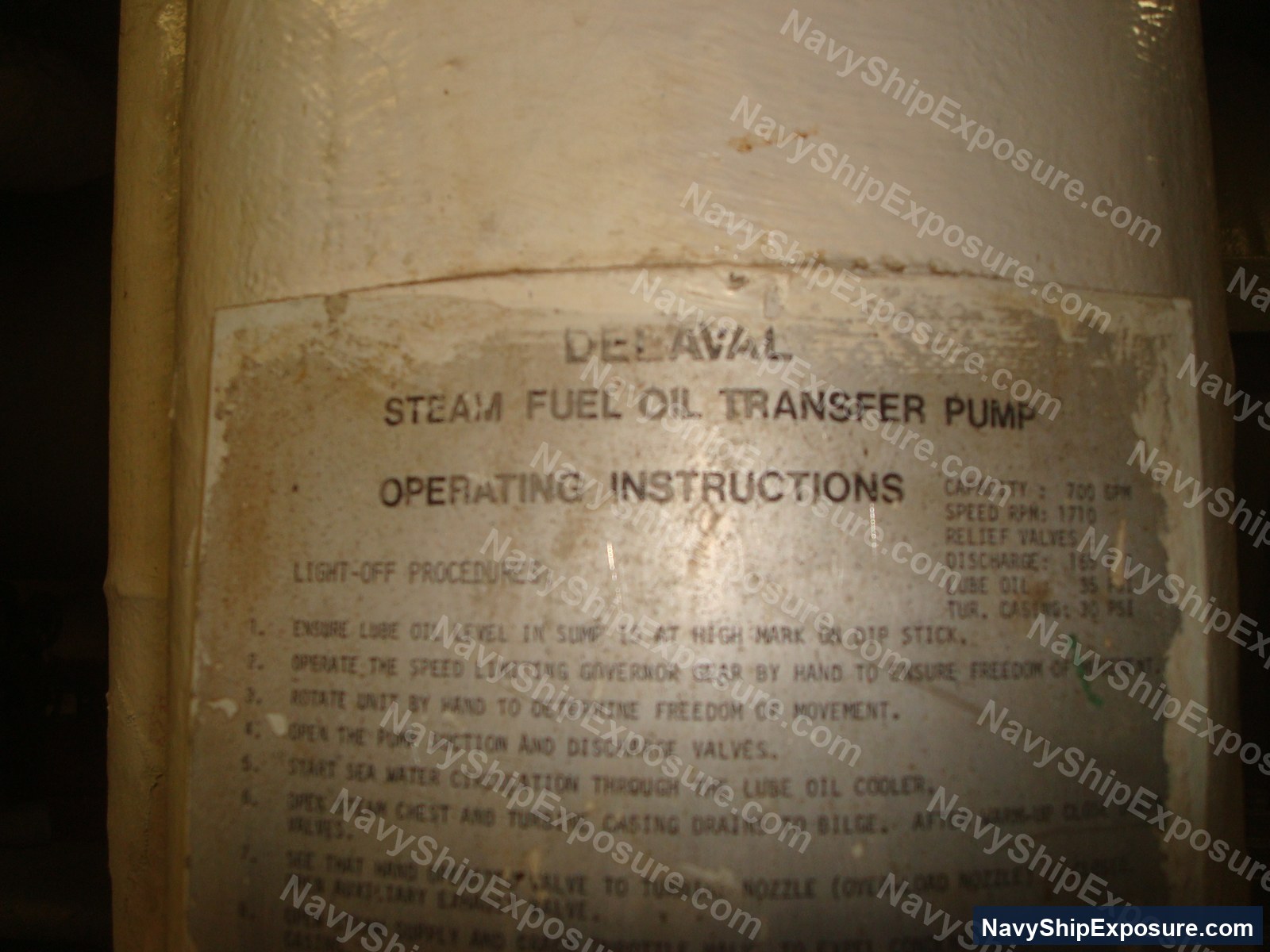 USS Midway — Operating instructions document for a Deslaval steam fuel oil transfer pump used aboard USS Midway, detailing light-off procedures and operational parameters.