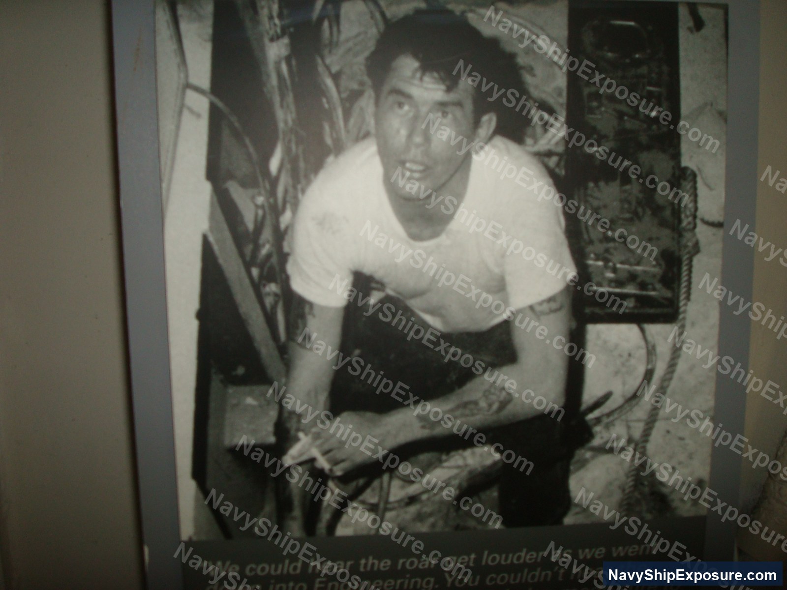 USS Midway — A sailor in the boiler room of USS Midway (CV-41) standing among high-temperature machinery and steam pipes, demonstrating the engineering spaces where asbestos insulation was commonly used.