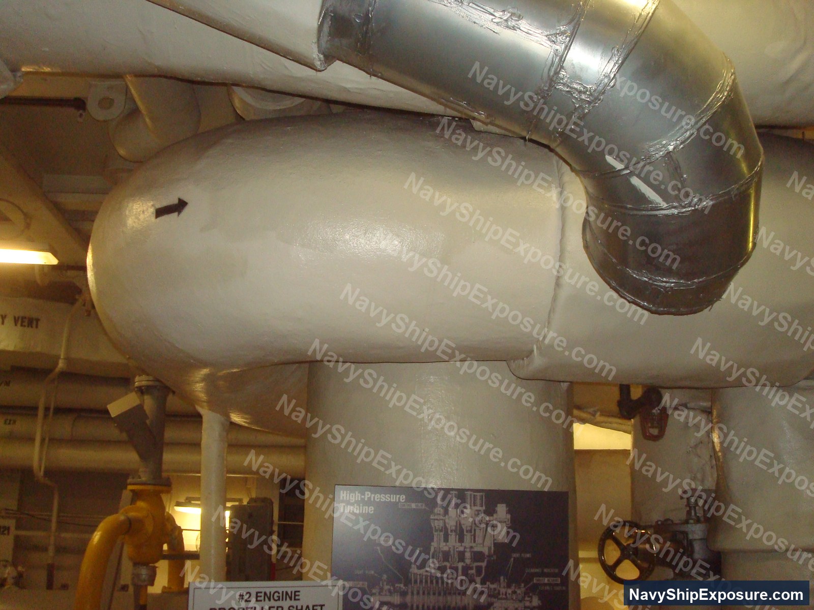USS Midway — Interior view of an engine room or machinery space aboard USS Midway showing large cylindrical equipment with piping and a High-Pressure Turbine schematic diagram visible on the wall.
