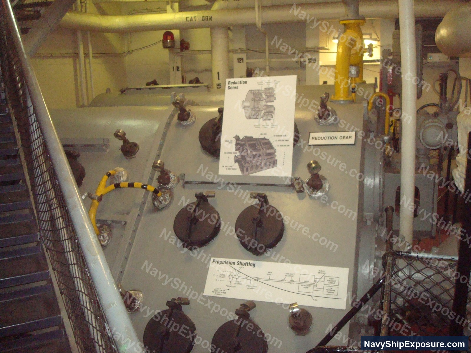 USS Midway — Engine room or machinery space display showing reduction gears, propulsion shafting components, and associated naval machinery equipment from USS Midway (CV-41).