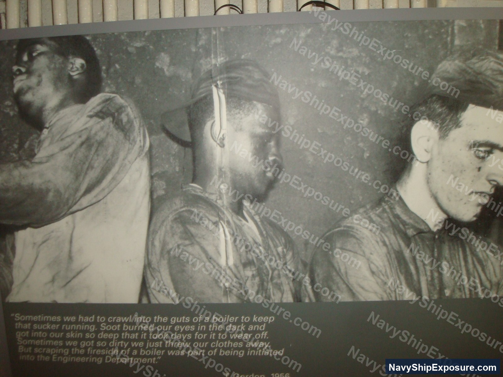 USS Midway — Historical testimonial from USS Midway Engineering Department personnel describing hazardous working conditions in boiler rooms, including exposure to soot and extreme heat during initiation procedures, circa 1956.
